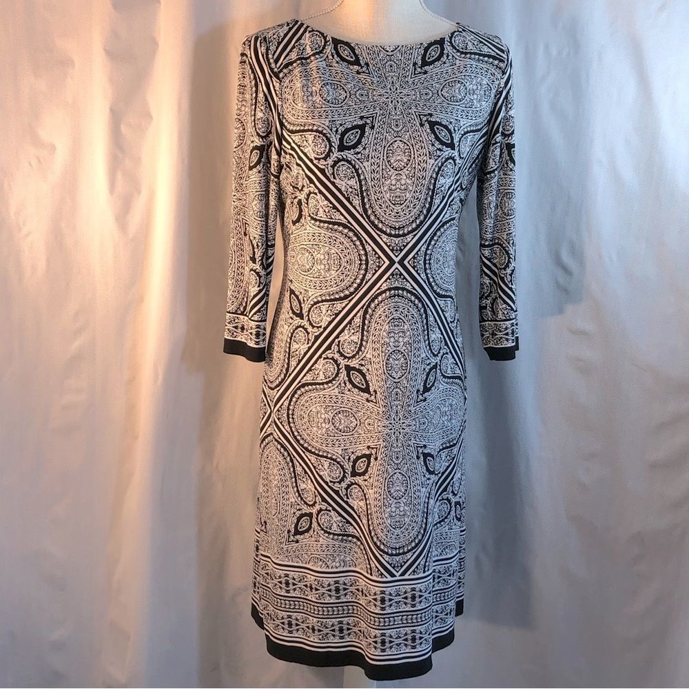 WISP Black & White Anaisey Jersey Crew Neck 3/4” Sleeve Dress 6 👍